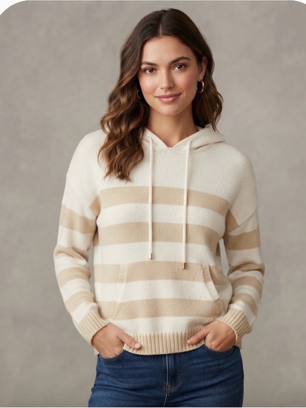 Striped Hooded Pullover Sweater - Cream & Tan